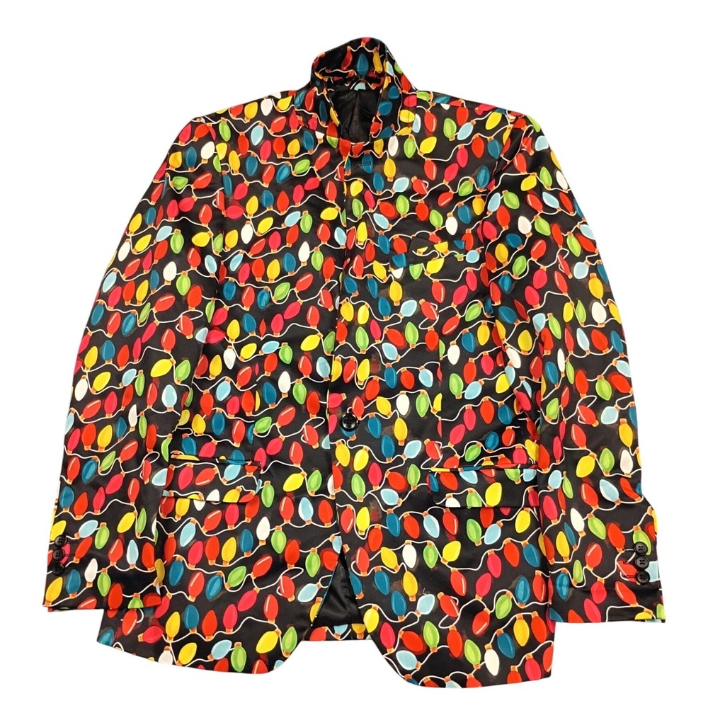 Suslo Couture Blazer Mens L 42 Black Christmas Light Bulb Print Slim Fit Holiday
